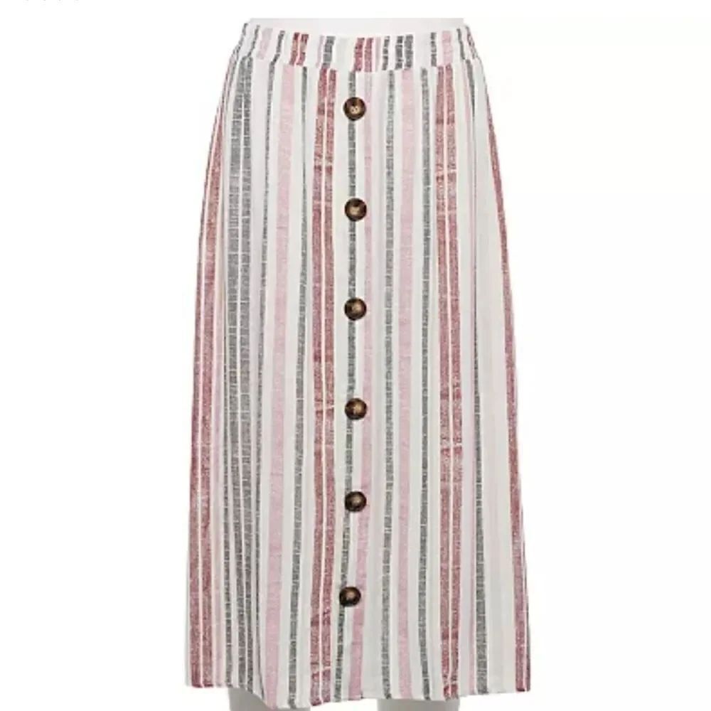 Apt.9 S Button White Striped Lined Midi Elastic Waist Women's Skirt